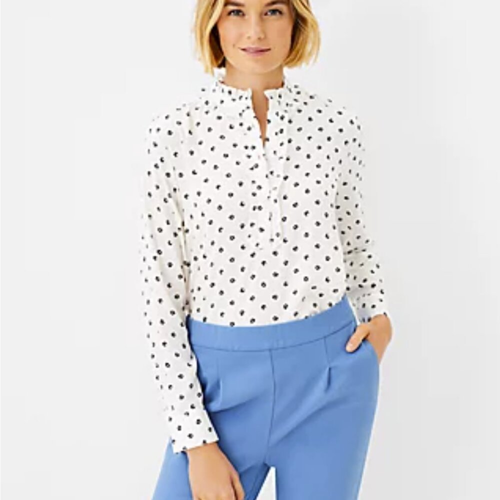NEW Ann Taylor Floral Ruffle Popover Blouse White with Blue accents